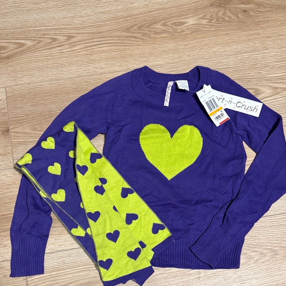 Purple and Lime Green Heart Sweater and Scarf Set